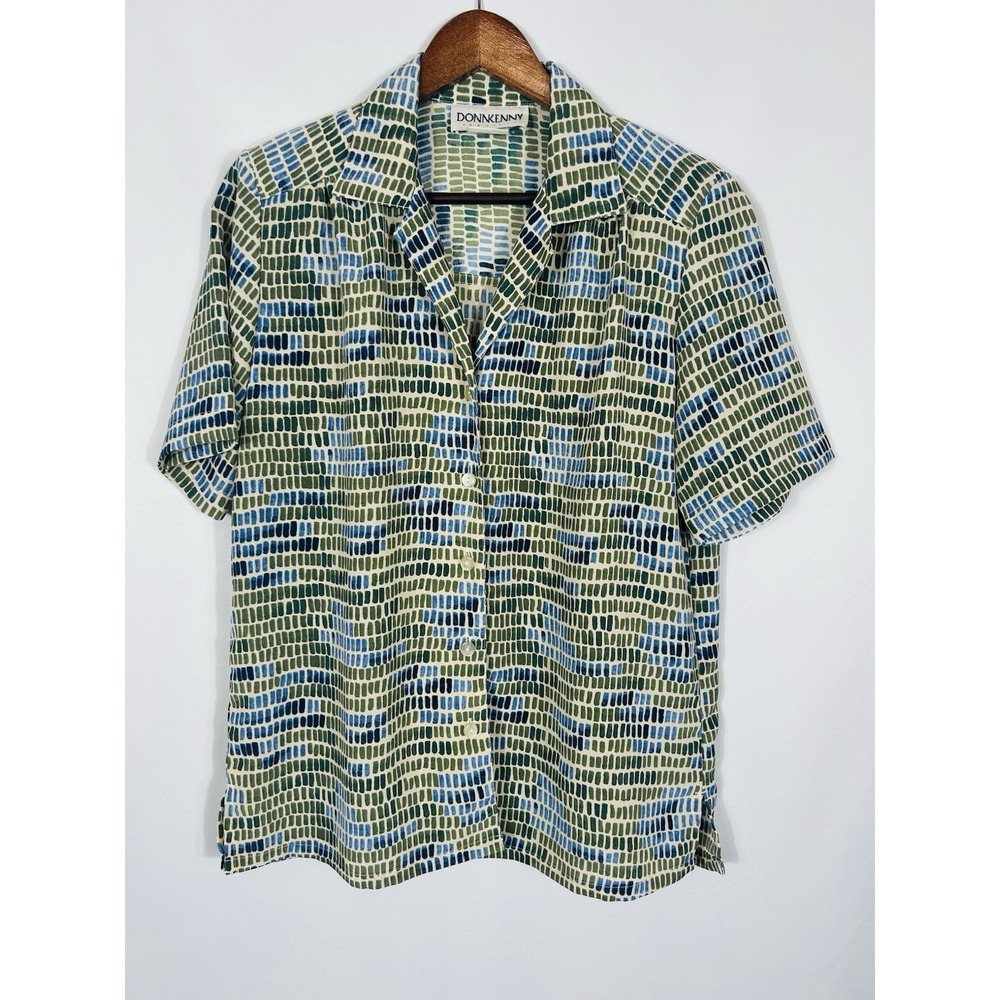 DonnKenny Womens Button Up Blouse Size S Geometric Short Sleeve Boho Artsy